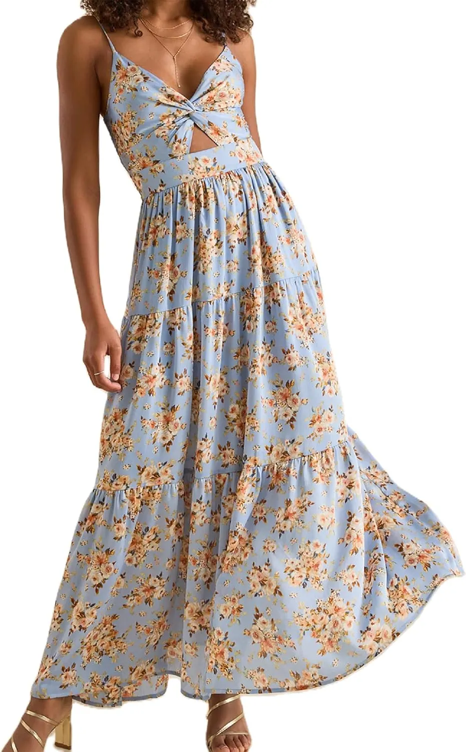 Women Spaghetti Strap V Neck Floral Maxi Dress Sleeveless Flowy Tiered Long Dress Colorful Summer Vocation Sundress