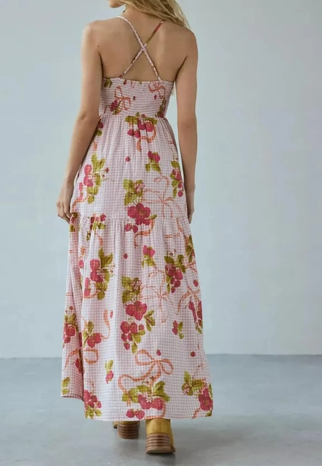Women Spaghetti Strap V Neck Floral Maxi Dress Sleeveless Flowy Tiered Long Dress Colorful Summer Vocation Sundress