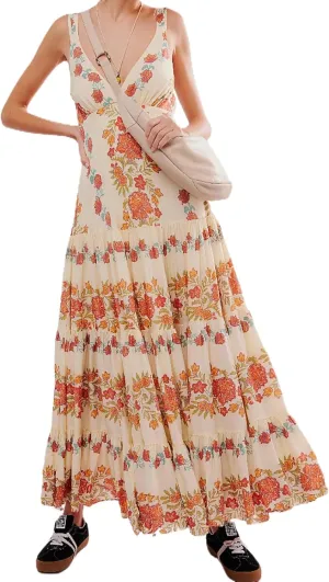 Women Spaghetti Strap V Neck Floral Maxi Dress Sleeveless Flowy Tiered Long Dress Colorful Summer Vocation Sundress