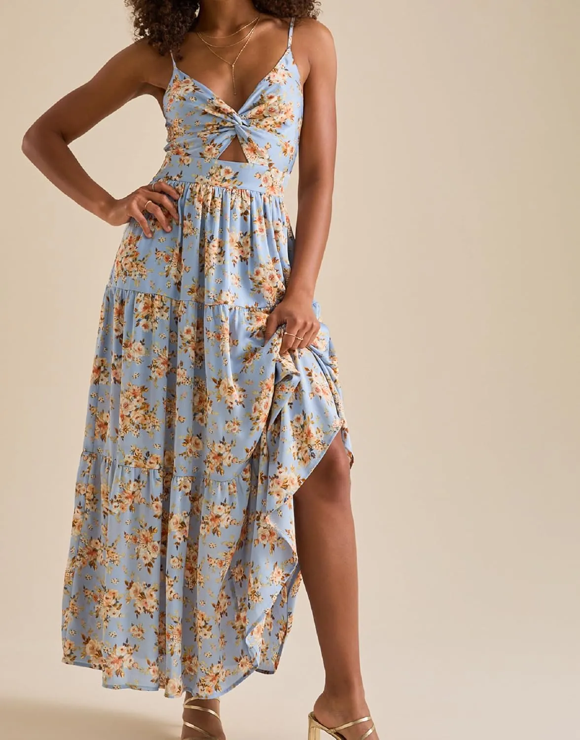 Women Spaghetti Strap V Neck Floral Maxi Dress Sleeveless Flowy Tiered Long Dress Colorful Summer Vocation Sundress
