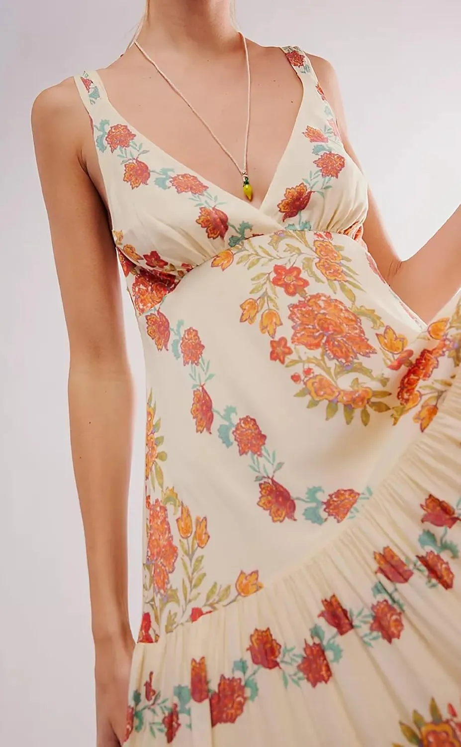 Women Spaghetti Strap V Neck Floral Maxi Dress Sleeveless Flowy Tiered Long Dress Colorful Summer Vocation Sundress