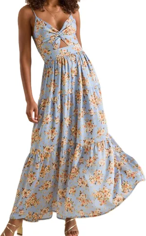 Women Spaghetti Strap V Neck Floral Maxi Dress Sleeveless Flowy Tiered Long Dress Colorful Summer Vocation Sundress