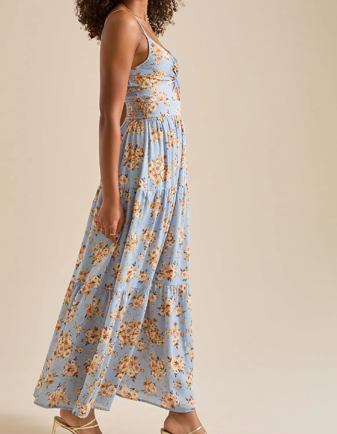 Women Spaghetti Strap V Neck Floral Maxi Dress Sleeveless Flowy Tiered Long Dress Colorful Summer Vocation Sundress