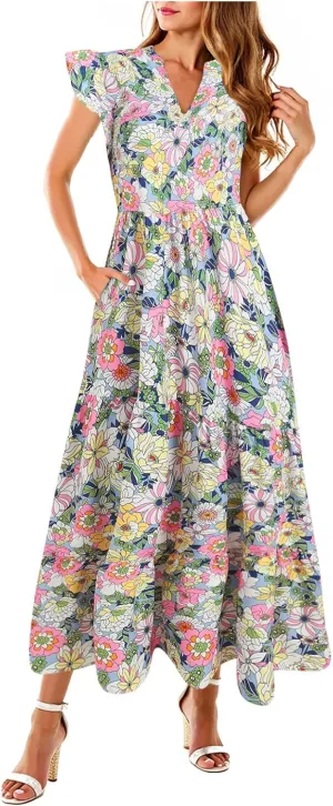 Women Summer 2025 Maxi Dress Vacation Floral Spring Casual Boho Split Beach Long Flowy Sundress Maxi Dress