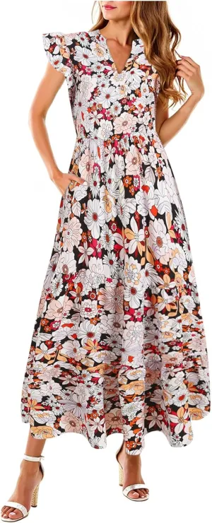 Women Summer 2025 Maxi Dress Vacation Floral Spring Casual Boho Split Beach Long Flowy Sundress Maxi Dress