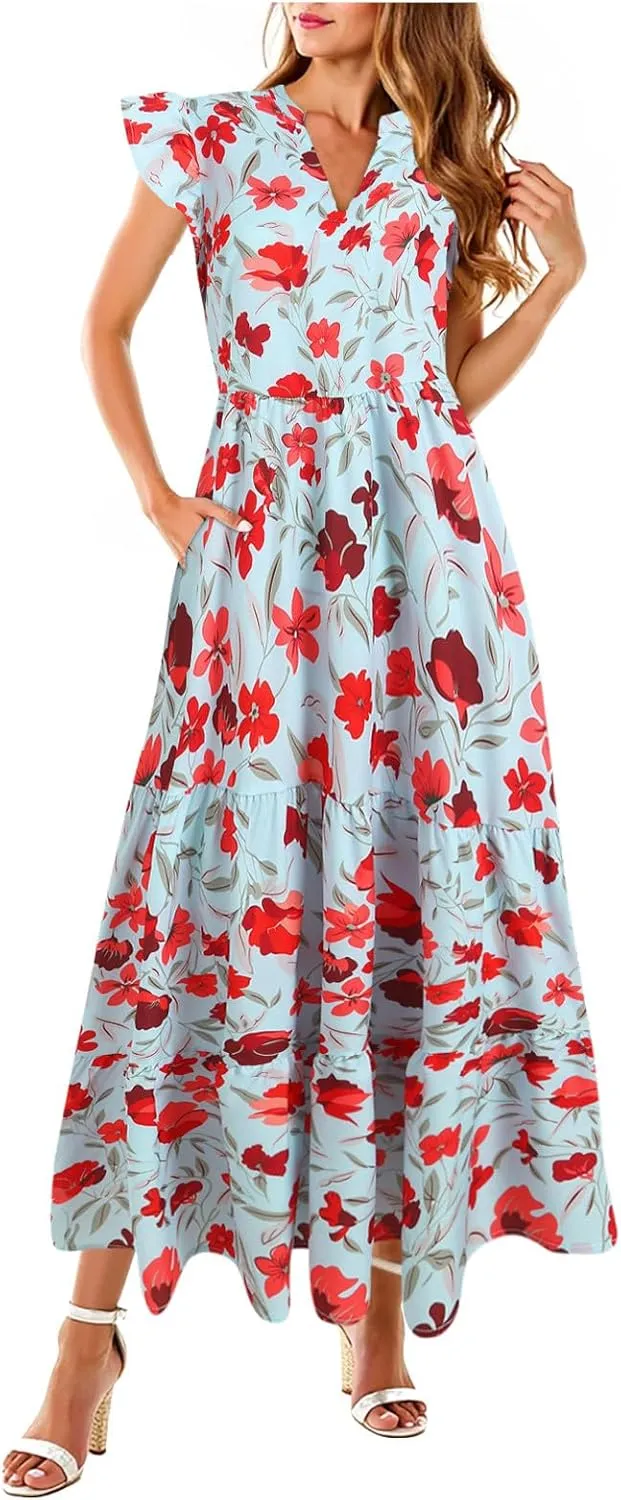 Women Summer 2025 Maxi Dress Vacation Floral Spring Casual Boho Split Beach Long Flowy Sundress Maxi Dress