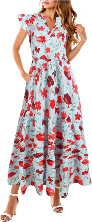 Women Summer 2025 Maxi Dress Vacation Floral Spring Casual Boho Split Beach Long Flowy Sundress Maxi Dress