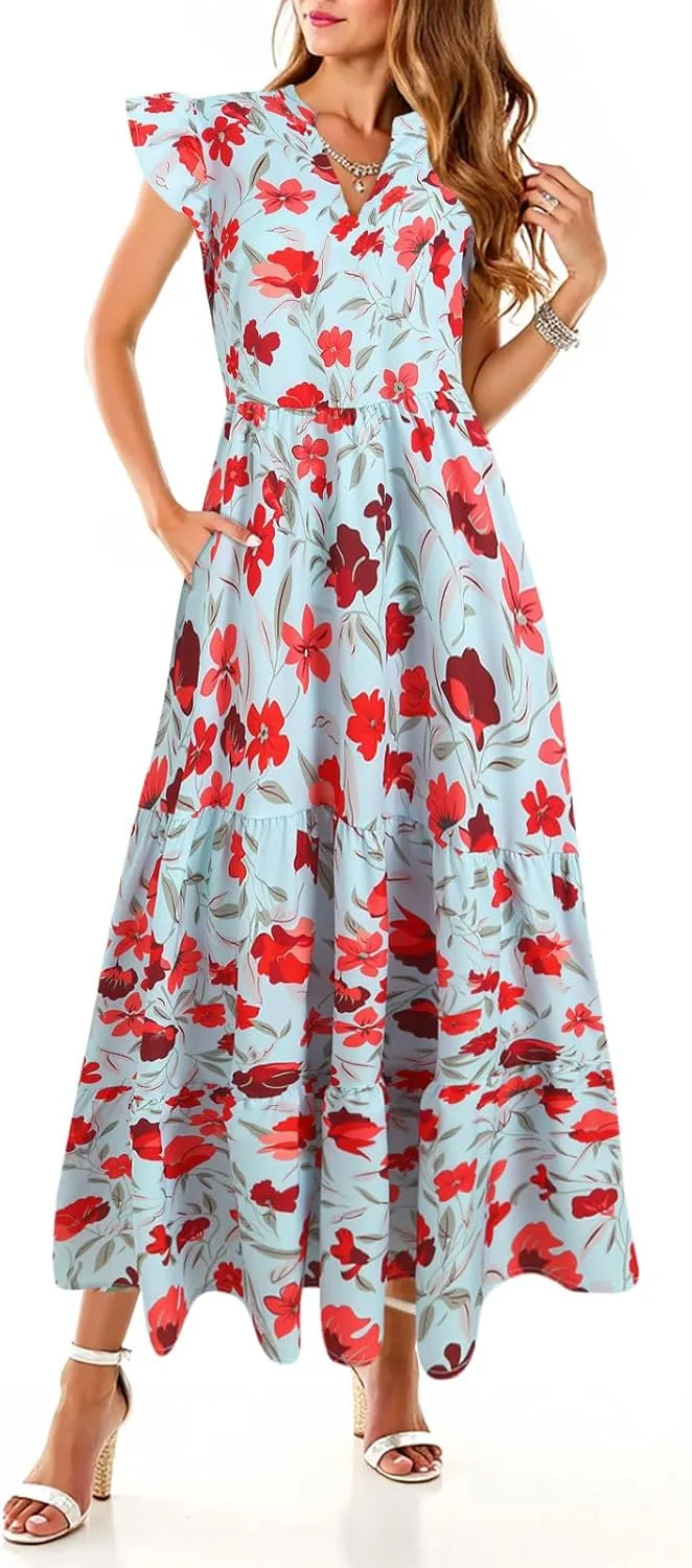 Women Summer 2025 Maxi Dress Vacation Floral Spring Casual Boho Split Beach Long Flowy Sundress Maxi Dress