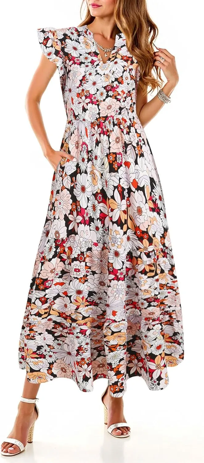 Women Summer 2025 Maxi Dress Vacation Floral Spring Casual Boho Split Beach Long Flowy Sundress Maxi Dress