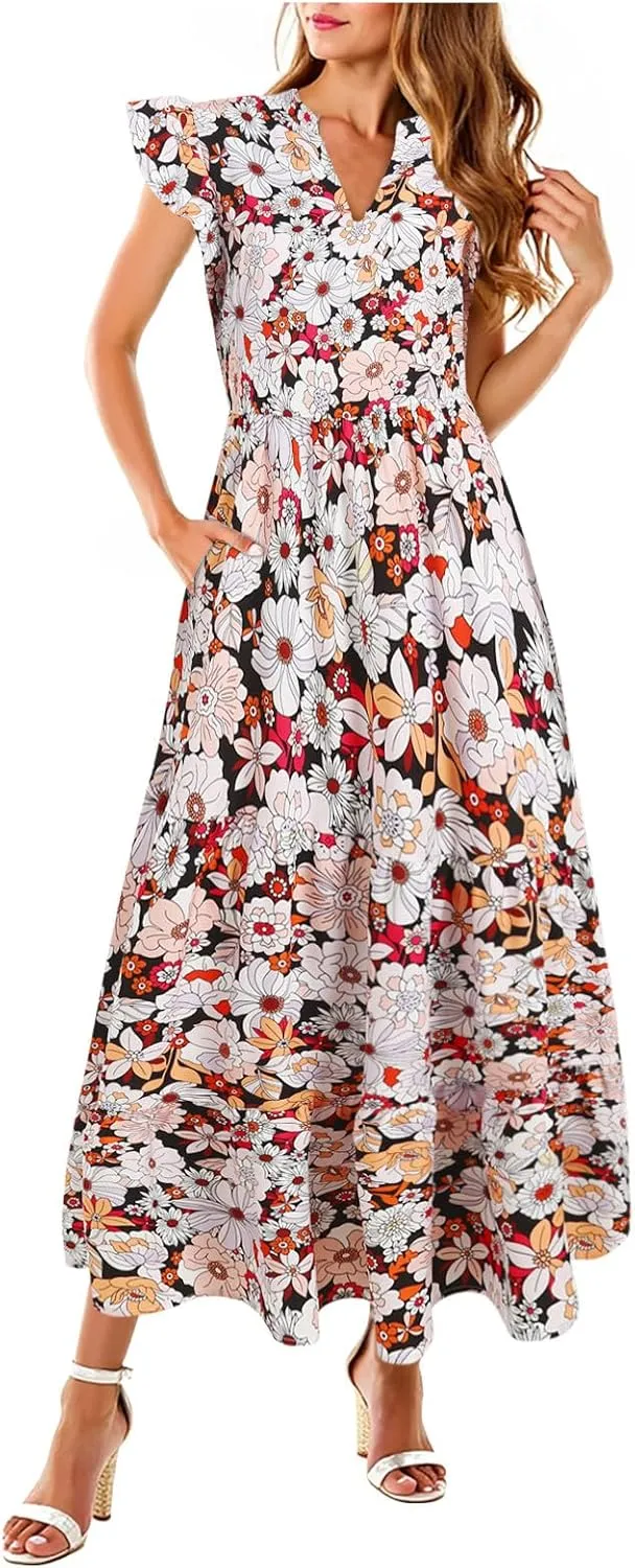 Women Summer 2025 Maxi Dress Vacation Floral Spring Casual Boho Split Beach Long Flowy Sundress Maxi Dress