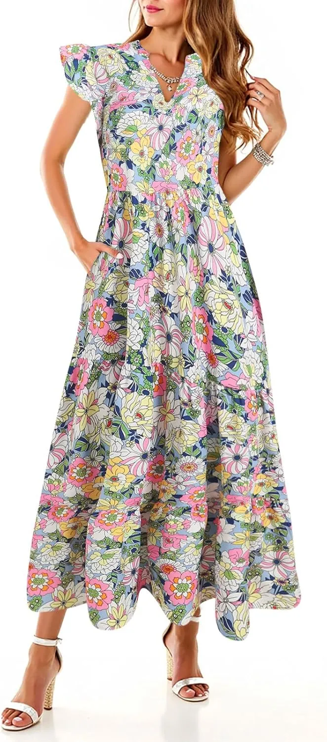 Women Summer 2025 Maxi Dress Vacation Floral Spring Casual Boho Split Beach Long Flowy Sundress Maxi Dress