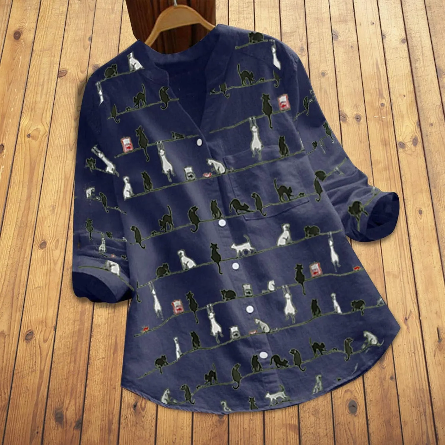 Women Summer 3/4 Sleeve Shirts Button Down Loose Fit Blouses 2024 Fashion Cat Print T-Shirts Plus Size Loose Tops