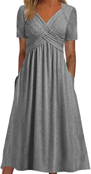 Women Summer Casual Dress V Neck Short Sleeve Pleated Maxi Beach Vacation Dresses with Pockets Boho Sundress