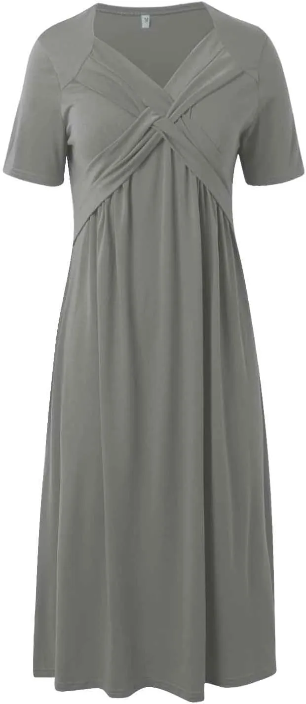 Women Summer Casual Dress V Neck Short Sleeve Pleated Maxi Beach Vacation Dresses with Pockets Boho Sundress