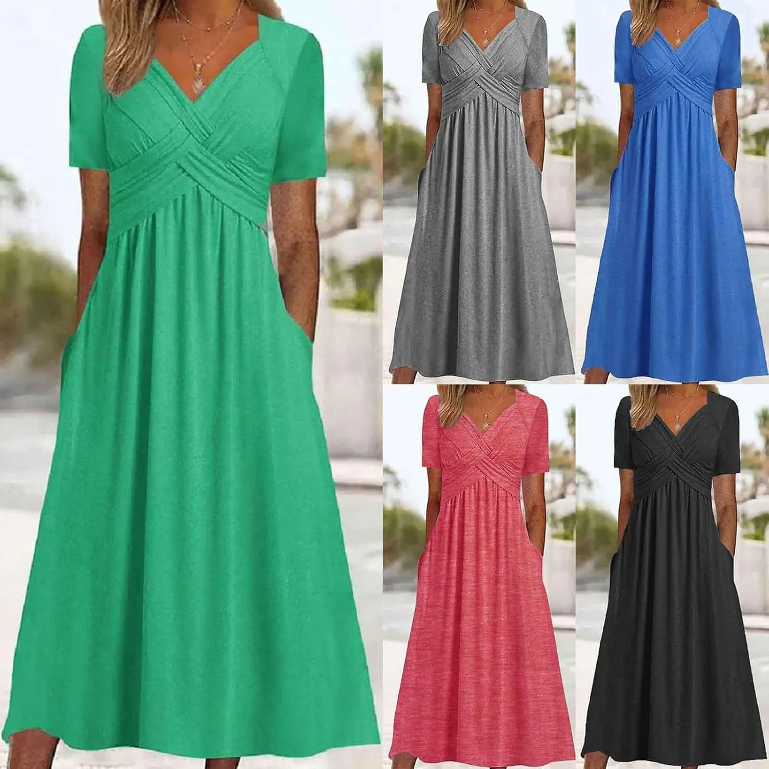 Women Summer Casual Dress V Neck Short Sleeve Pleated Maxi Beach Vacation Dresses with Pockets Boho Sundress