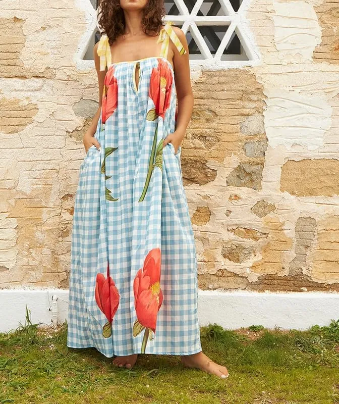 Women Tie Shoulder Floral Boho Maxi Dress Sleeveless Flowy Tiered A Line Dress Summer Vocation Graffiti Beach Sundress