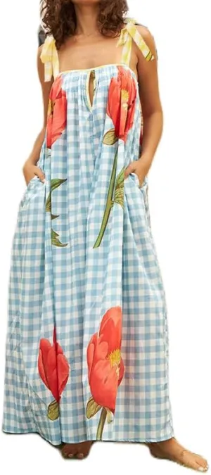 Women Tie Shoulder Floral Boho Maxi Dress Sleeveless Flowy Tiered A Line Dress Summer Vocation Graffiti Beach Sundress