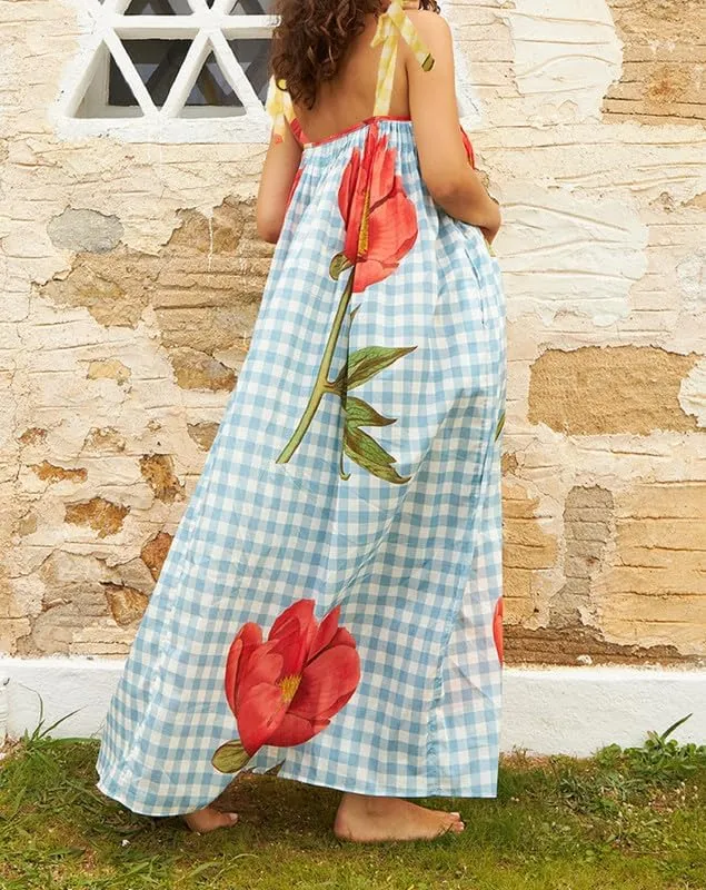 Women Tie Shoulder Floral Boho Maxi Dress Sleeveless Flowy Tiered A Line Dress Summer Vocation Graffiti Beach Sundress