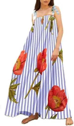 Women Tie Shoulder Floral Boho Maxi Dress Sleeveless Flowy Tiered A Line Dress Summer Vocation Graffiti Beach Sundress