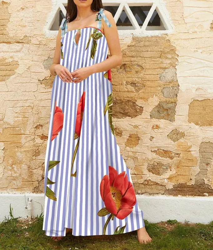 Women Tie Shoulder Floral Boho Maxi Dress Sleeveless Flowy Tiered A Line Dress Summer Vocation Graffiti Beach Sundress