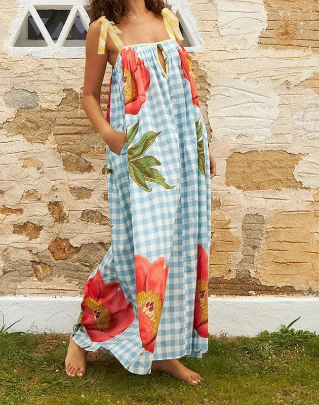 Women Tie Shoulder Floral Boho Maxi Dress Sleeveless Flowy Tiered A Line Dress Summer Vocation Graffiti Beach Sundress