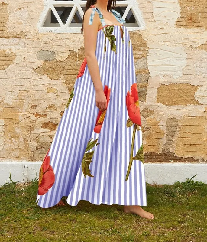 Women Tie Shoulder Floral Boho Maxi Dress Sleeveless Flowy Tiered A Line Dress Summer Vocation Graffiti Beach Sundress