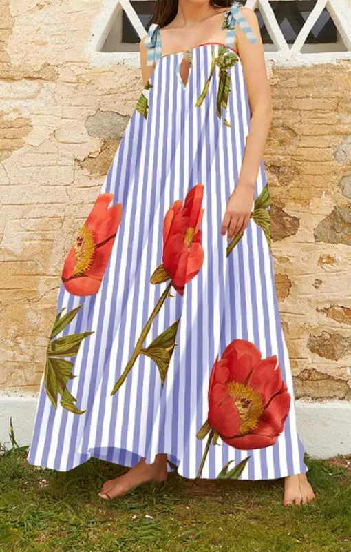 Women Tie Shoulder Floral Boho Maxi Dress Sleeveless Flowy Tiered A Line Dress Summer Vocation Graffiti Beach Sundress