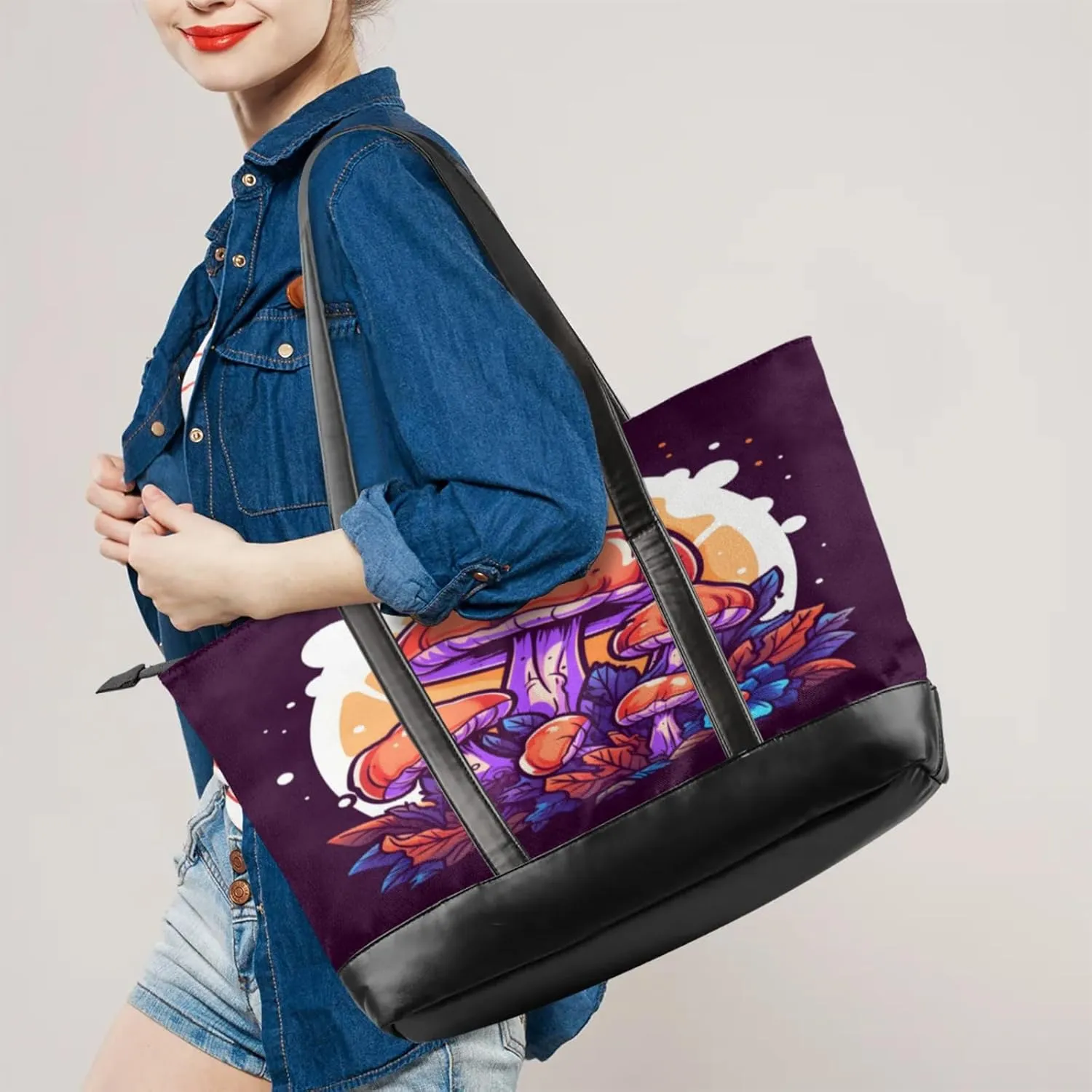 Women Tote Bag with Zipper, Shopper Handbag Travel Purse, PU Leather Laptop Tote Bags, Weekender Tote Bags