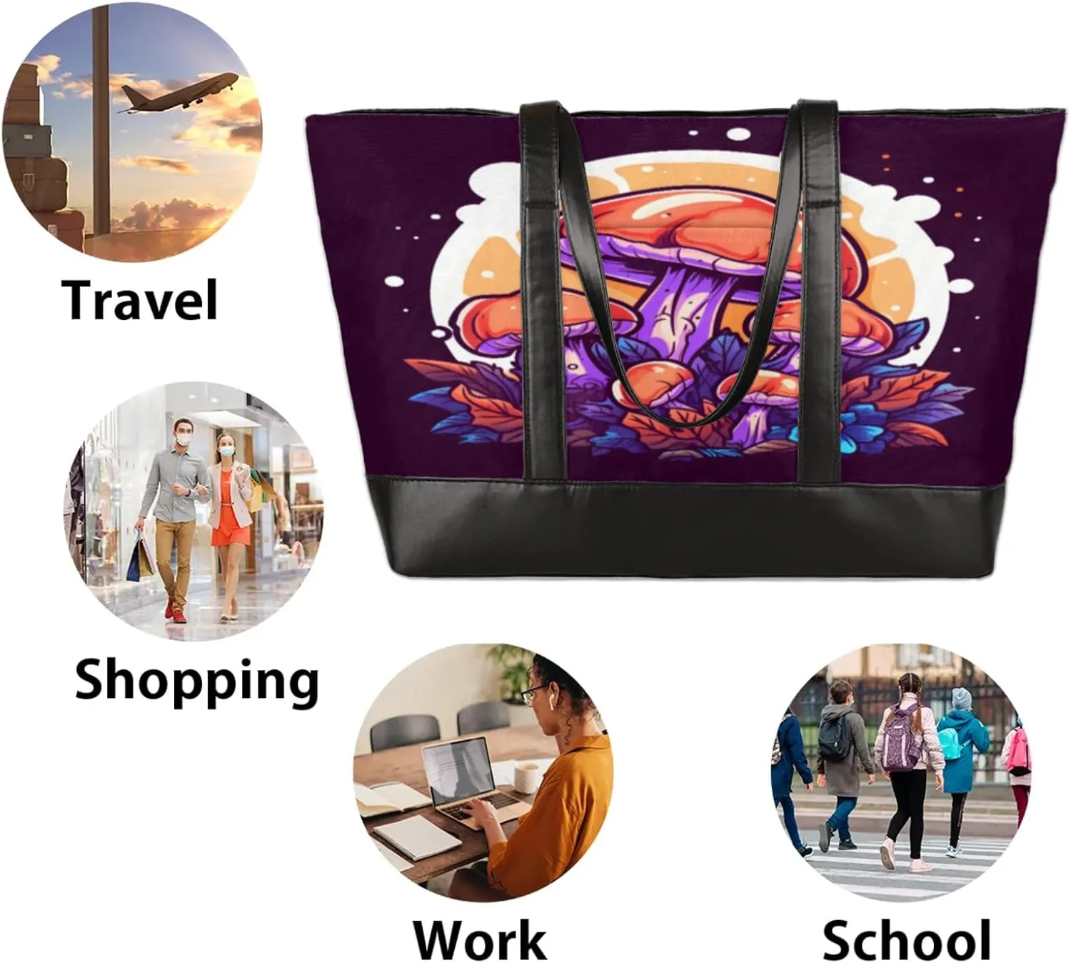 Women Tote Bag with Zipper, Shopper Handbag Travel Purse, PU Leather Laptop Tote Bags, Weekender Tote Bags