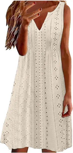 Women V Neck Eyelet Dresses Sleeveless Knee Length Tank Dress 2025 Summer Casual Tunic Sun Dress Vacation Beach Dress