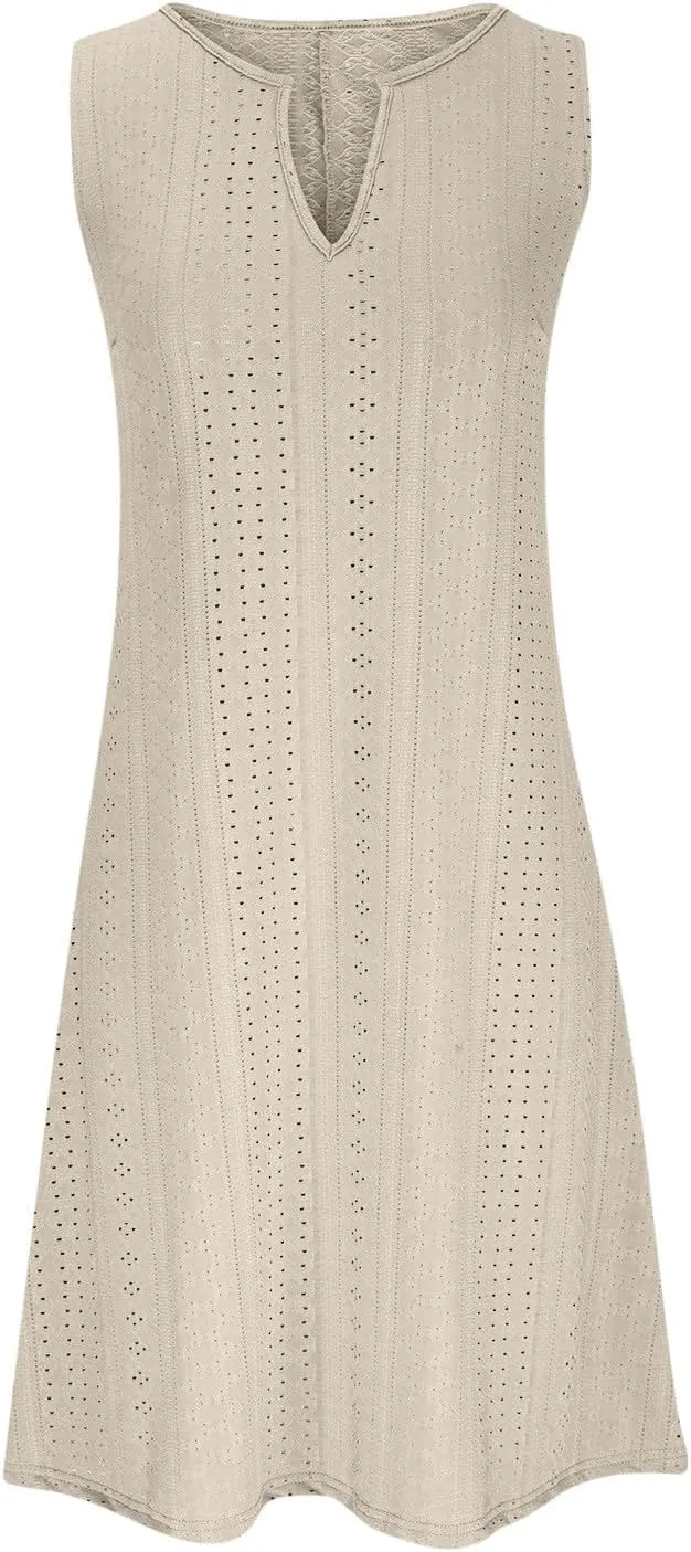 Women V Neck Eyelet Dresses Sleeveless Knee Length Tank Dress 2025 Summer Casual Tunic Sun Dress Vacation Beach Dress