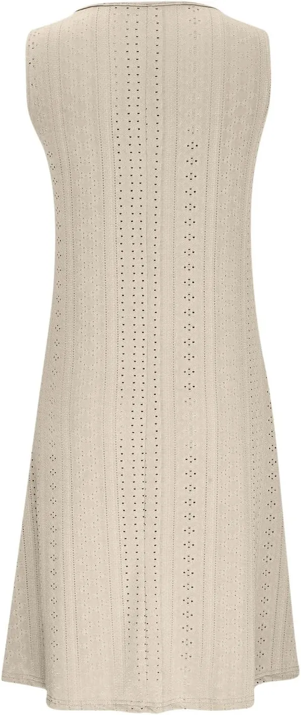 Women V Neck Eyelet Dresses Sleeveless Knee Length Tank Dress 2025 Summer Casual Tunic Sun Dress Vacation Beach Dress