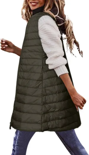 Women Warm Vest Coat Fashion Fall Winter Outerwear Zip Up Puffer Long Jacket Sleeveless Down Parkas Coats