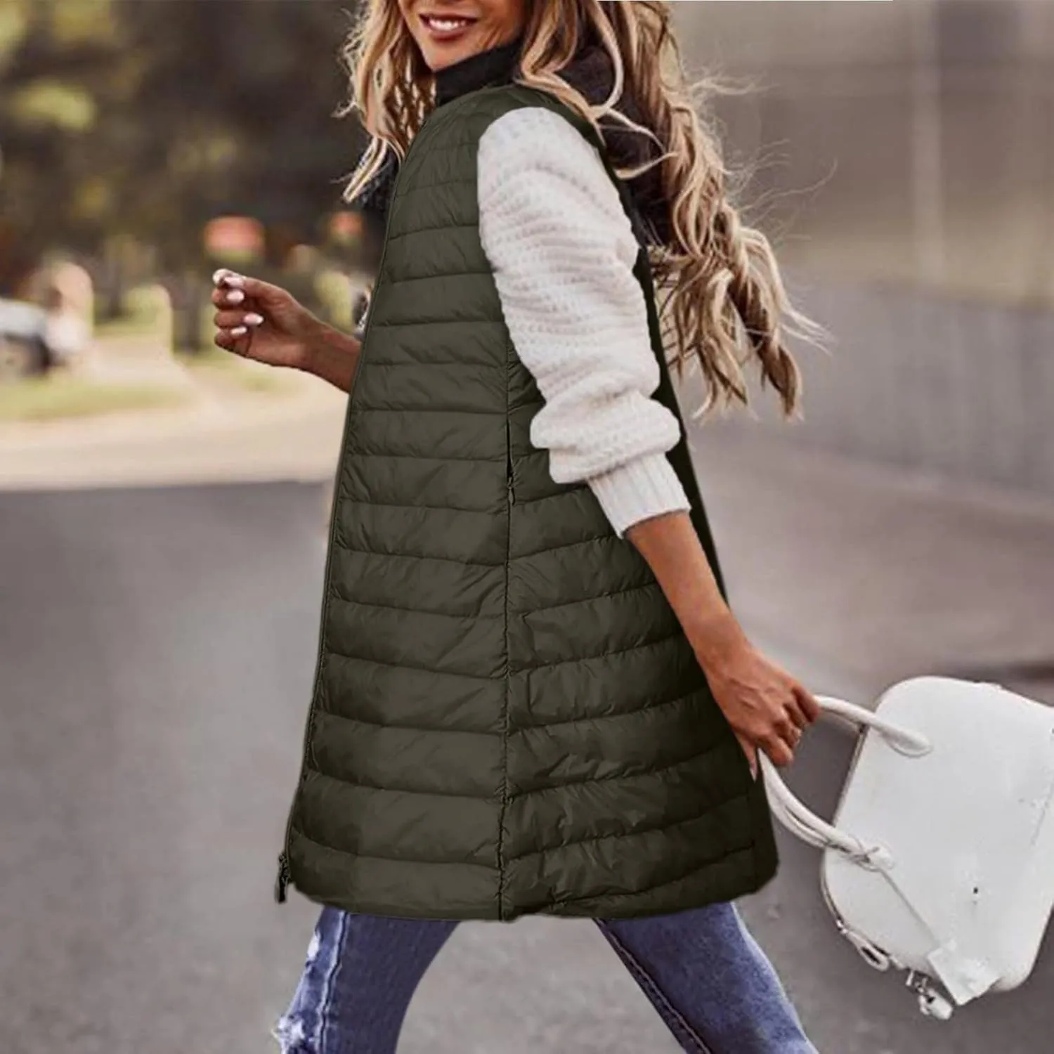 Women Warm Vest Coat Fashion Fall Winter Outerwear Zip Up Puffer Long Jacket Sleeveless Down Parkas Coats