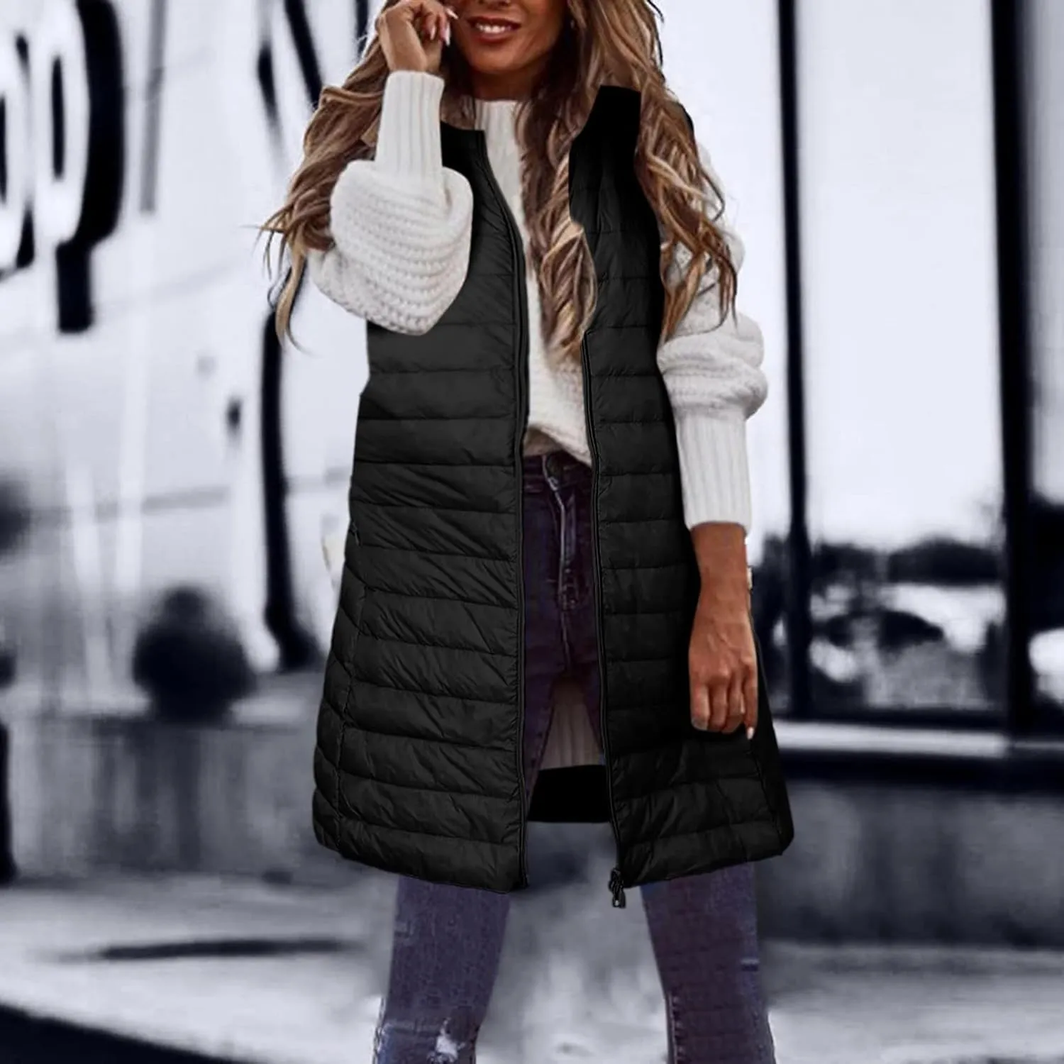 Women Warm Vest Coat Fashion Fall Winter Outerwear Zip Up Puffer Long Jacket Sleeveless Down Parkas Coats