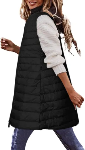 Women Warm Vest Coat Fashion Fall Winter Outerwear Zip Up Puffer Long Jacket Sleeveless Down Parkas Coats