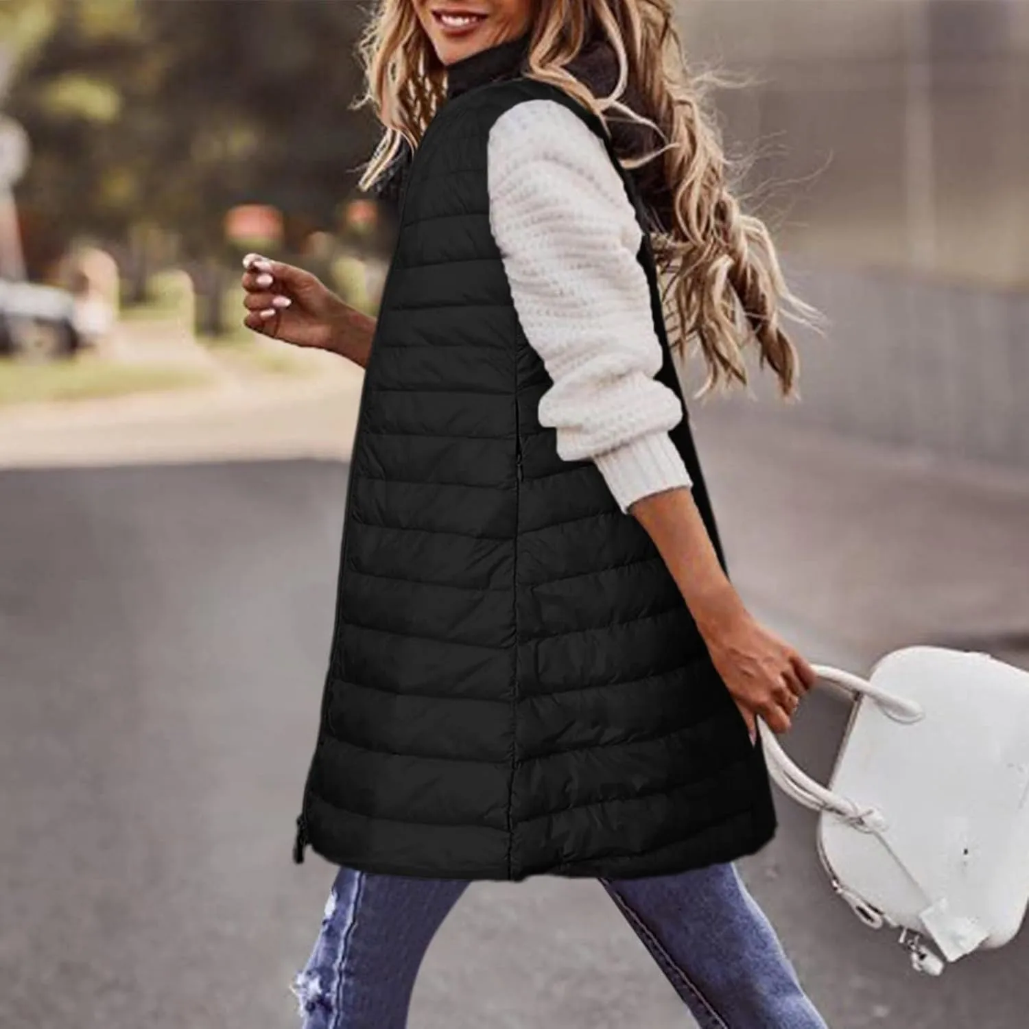 Women Warm Vest Coat Fashion Fall Winter Outerwear Zip Up Puffer Long Jacket Sleeveless Down Parkas Coats