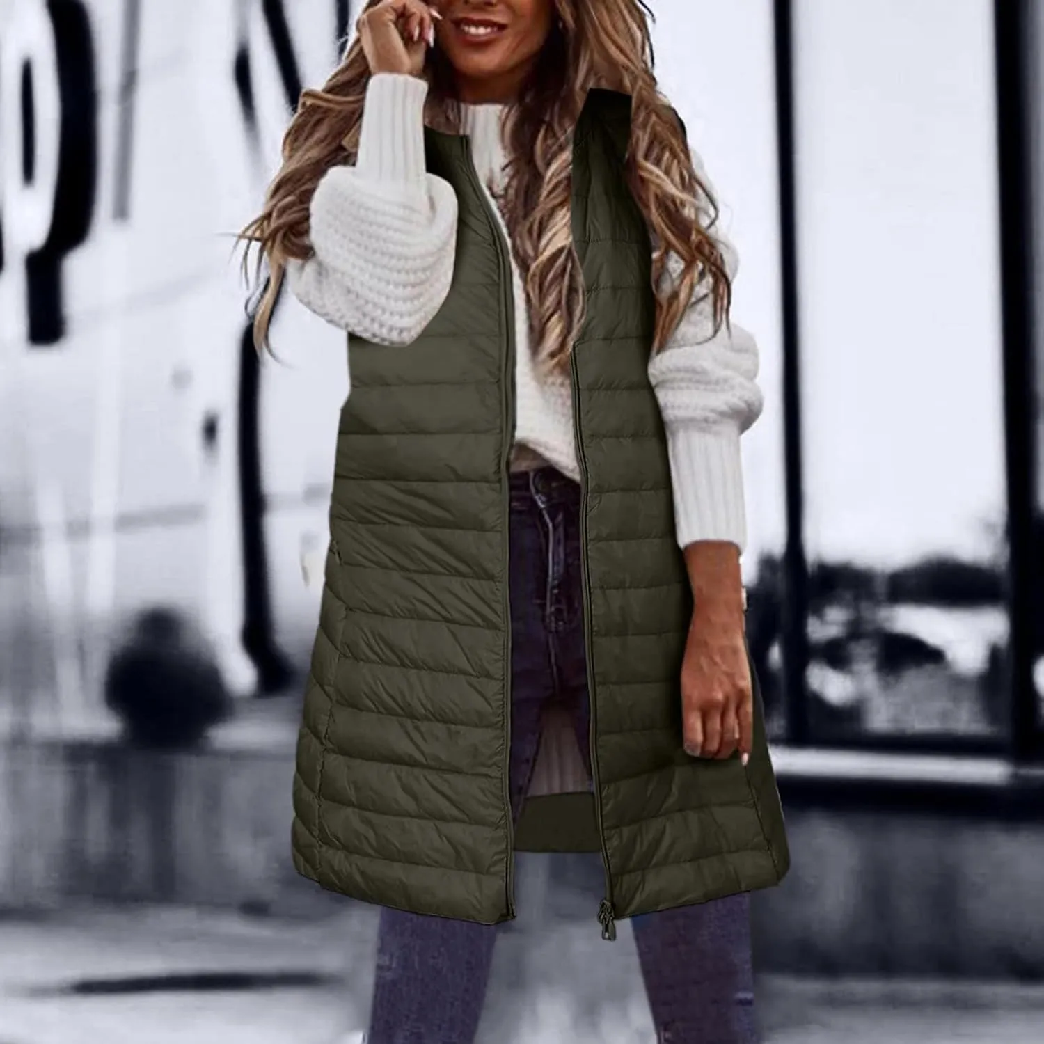 Women Warm Vest Coat Fashion Fall Winter Outerwear Zip Up Puffer Long Jacket Sleeveless Down Parkas Coats
