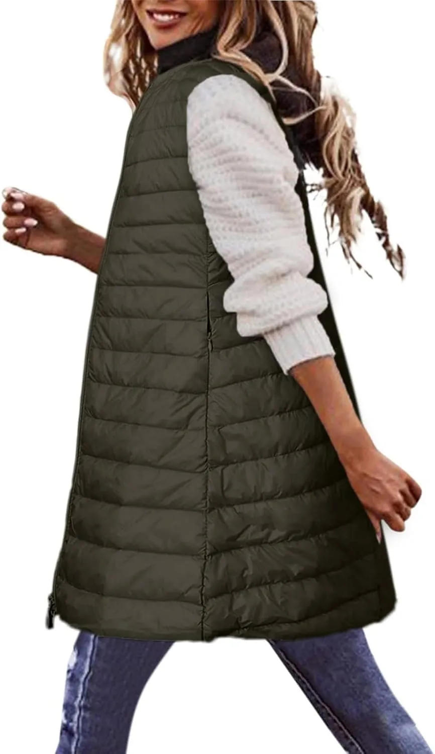 Women Warm Vest Coat Fashion Fall Winter Outerwear Zip Up Puffer Long Jacket Sleeveless Down Parkas Coats