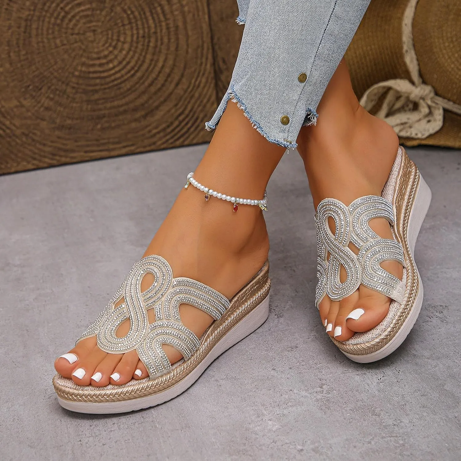 Women Wedge Sandals 2025,Fashion Rhinestone Comfortable Slip-On Platform Espadrilles Slides Espadrilles Non-Slip Wedges Heel Shoe Summer Beach Vacation Slippers Indoor Outdoor Casual Shoes