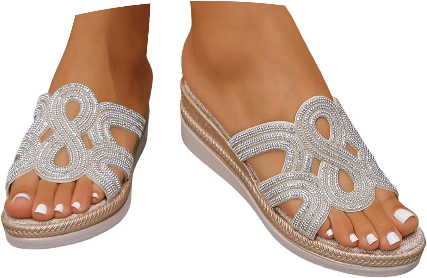 Women Wedge Sandals 2025,Fashion Rhinestone Comfortable Slip-On Platform Espadrilles Slides Espadrilles Non-Slip Wedges Heel Shoe Summer Beach Vacation Slippers Indoor Outdoor Casual Shoes