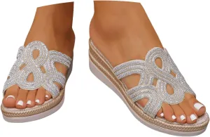 Women Wedge Sandals 2025,Fashion Rhinestone Comfortable Slip-On Platform Espadrilles Slides Espadrilles Non-Slip Wedges Heel Shoe Summer Beach Vacation Slippers Indoor Outdoor Casual Shoes