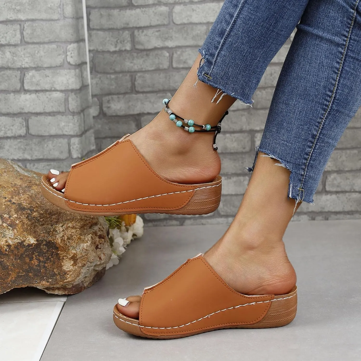 Women Wedges Sandals Arch Support Open Toe Low Heel Platform Sandals Damping Sole Upgradation Stretch Comfortable Sandal Summer Walking Orthopedic Slippers Orthotic Slides