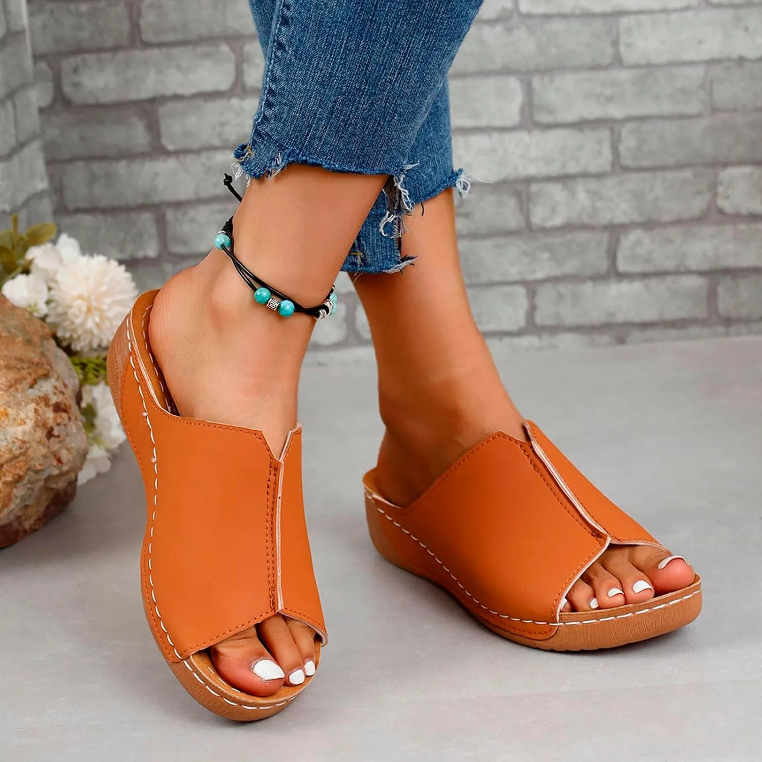 Women Wedges Sandals Arch Support Open Toe Low Heel Platform Sandals Damping Sole Upgradation Stretch Comfortable Sandal Summer Walking Orthopedic Slippers Orthotic Slides