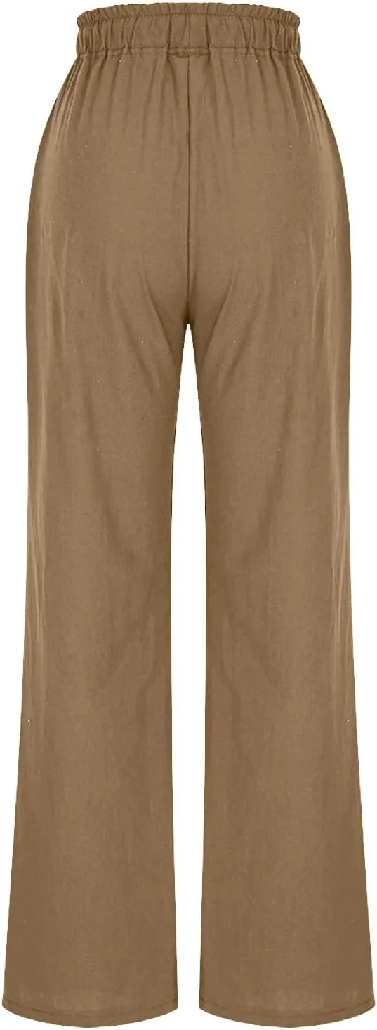 Women Wide Leg Casual Pants Cotton Linen Summer Lightweight Drawstring Elastic Waist Lounge Beach Palazzo with Pockets