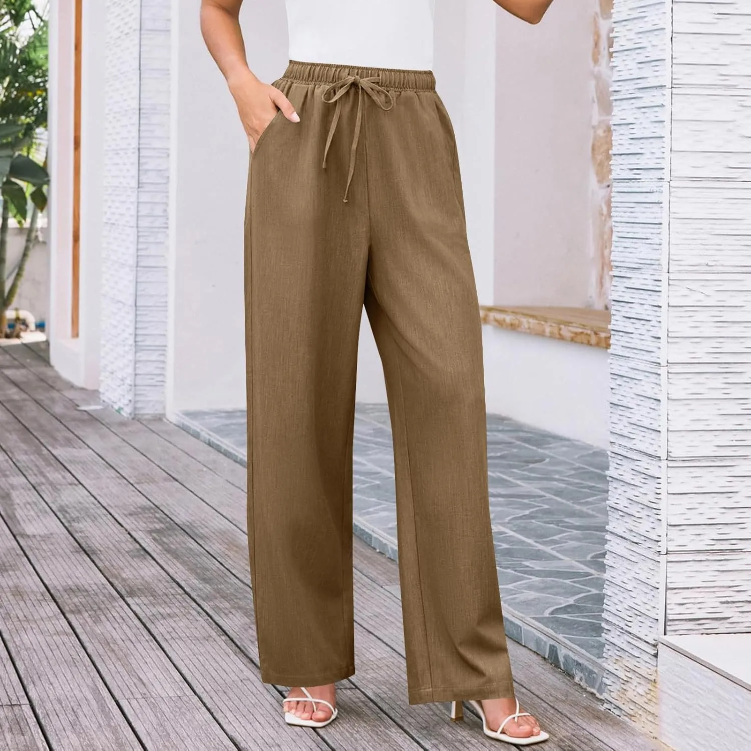 Women Wide Leg Casual Pants Cotton Linen Summer Lightweight Drawstring Elastic Waist Lounge Beach Palazzo with Pockets
