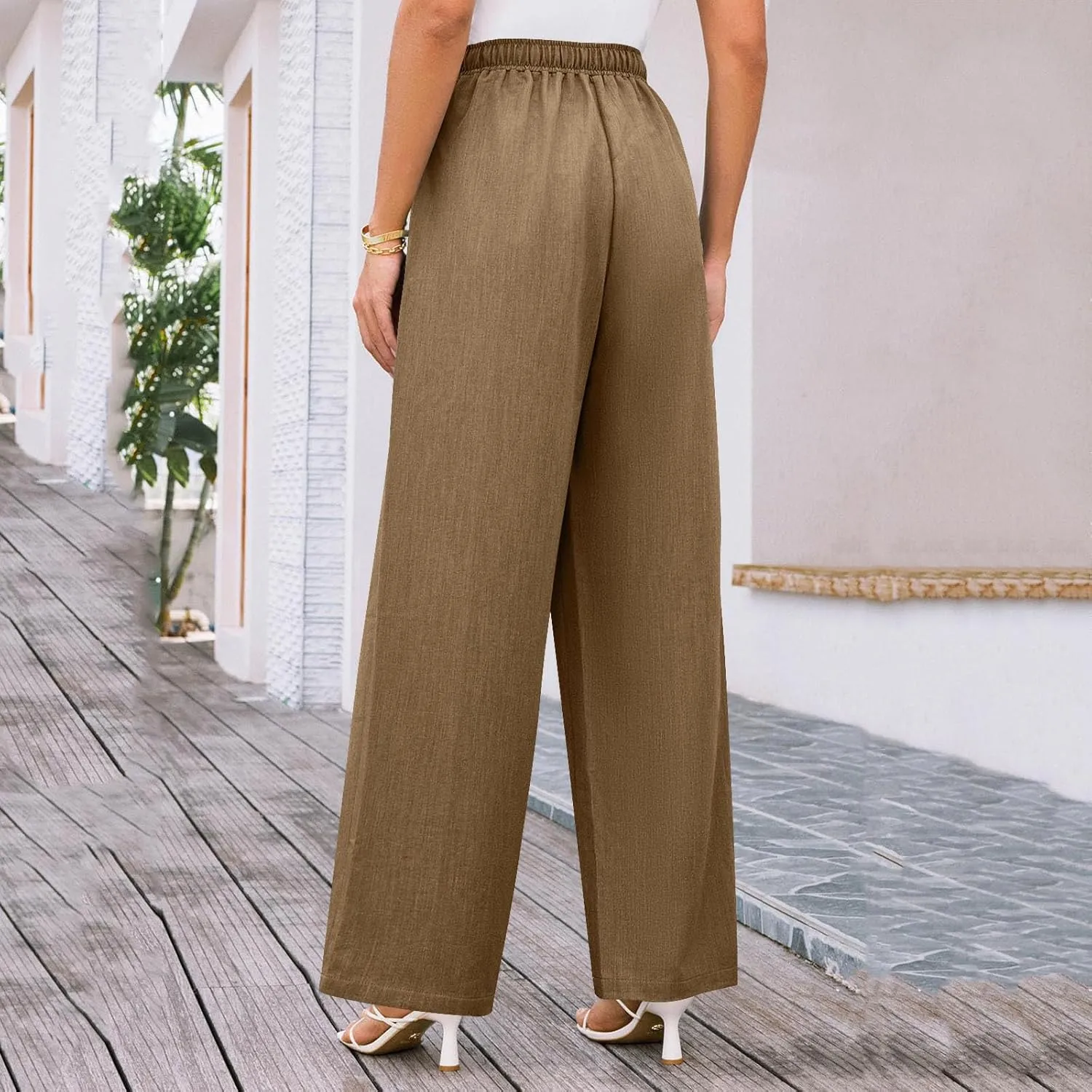 Women Wide Leg Casual Pants Cotton Linen Summer Lightweight Drawstring Elastic Waist Lounge Beach Palazzo with Pockets