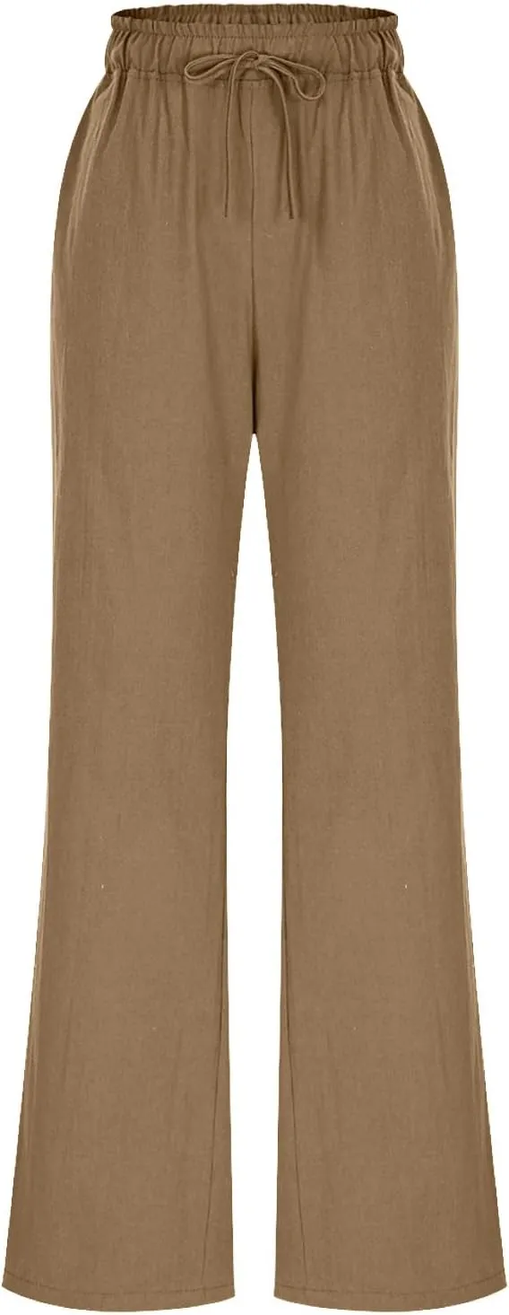 Women Wide Leg Casual Pants Cotton Linen Summer Lightweight Drawstring Elastic Waist Lounge Beach Palazzo with Pockets