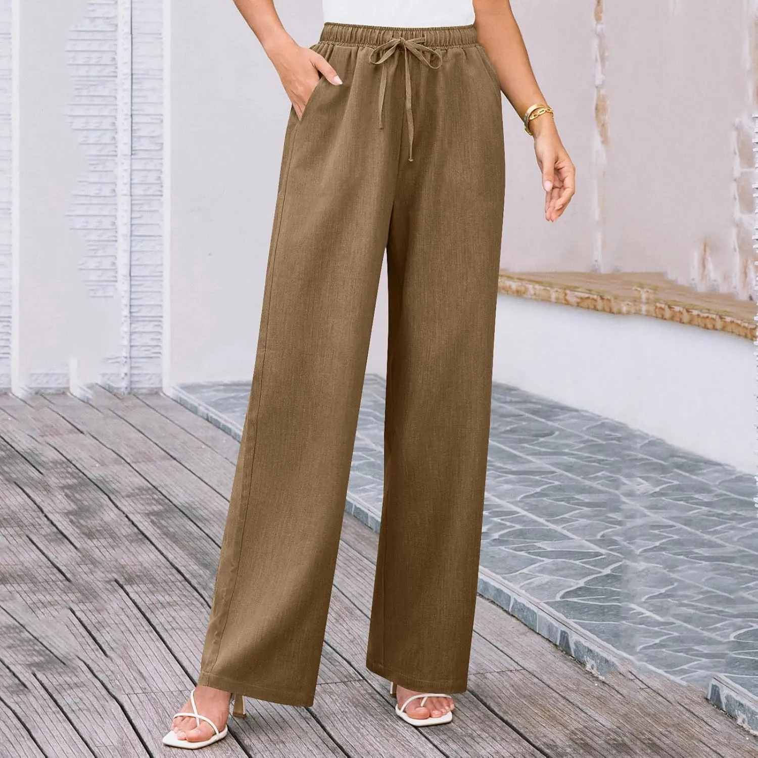 Women Wide Leg Casual Pants Cotton Linen Summer Lightweight Drawstring Elastic Waist Lounge Beach Palazzo with Pockets