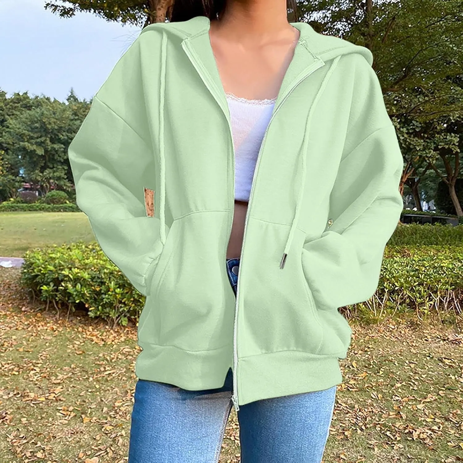 Women Zip Up Hoodie Casual Sweatshirt Drawstring Loose Fit Oversized Lightweight Fashion Fall Tops For Teen Girls